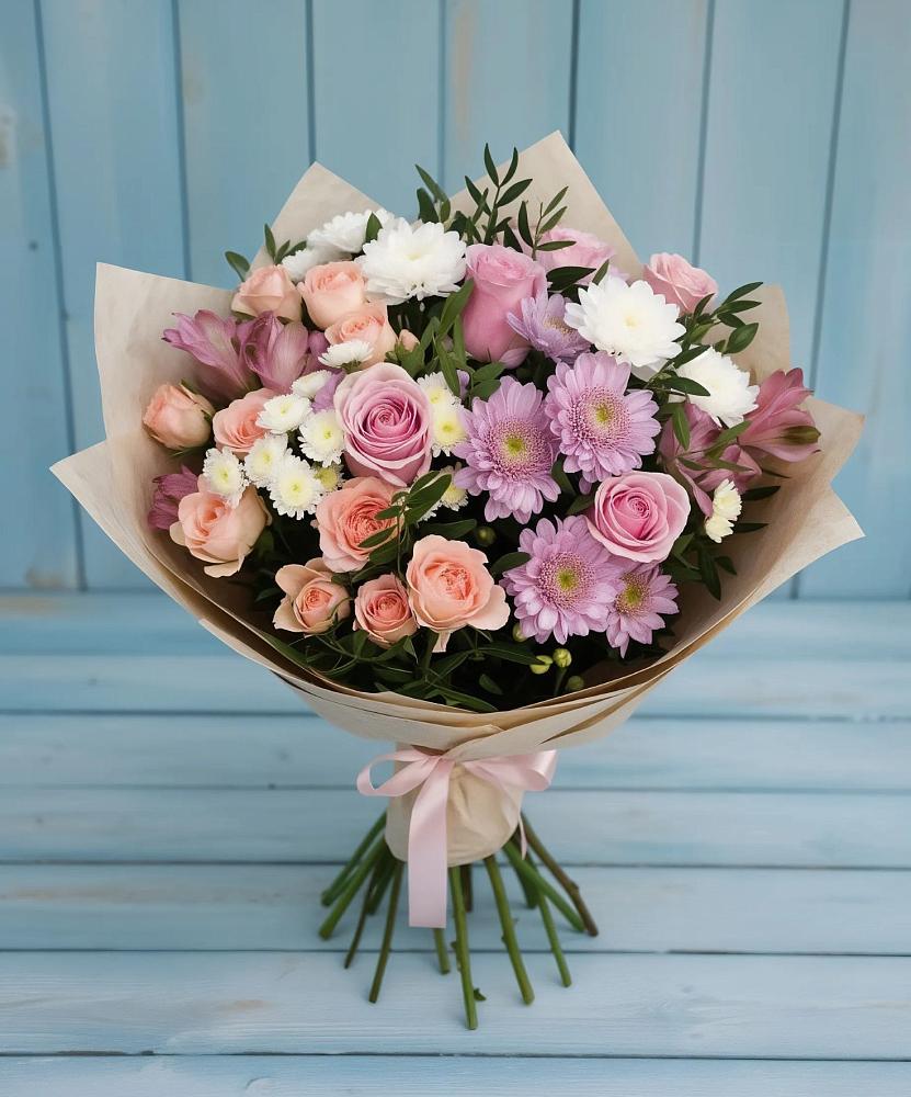 Букет цветов из: Хризантемы, Розы и Альстромерии в Ирклиевская