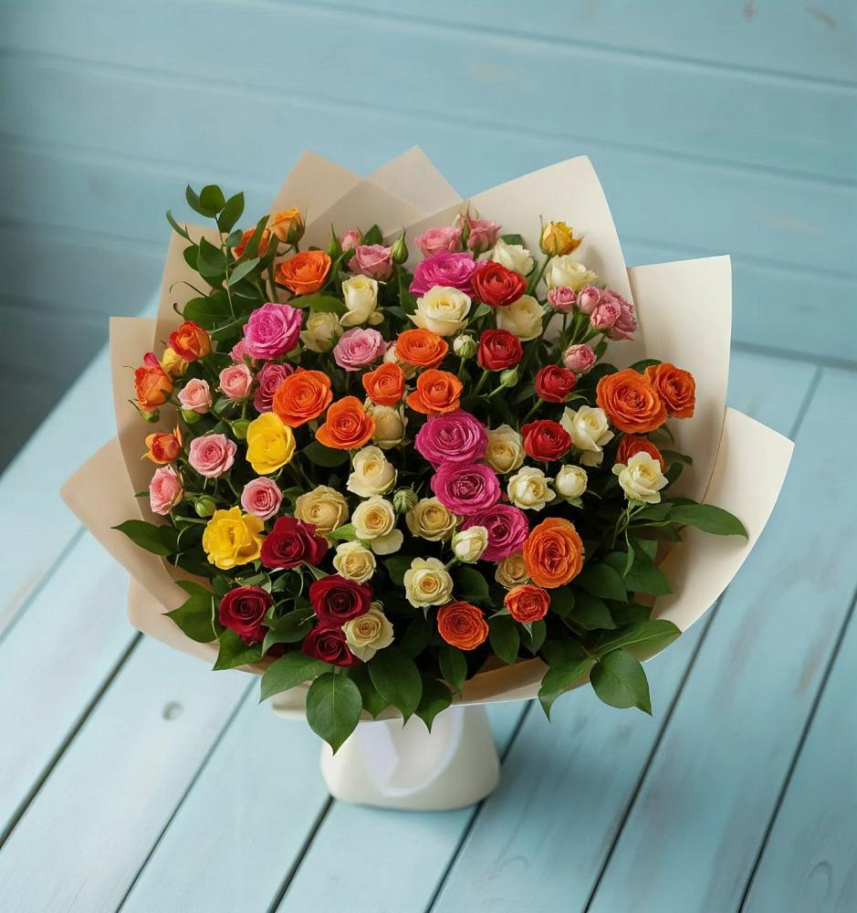 Букет Микс из разноцветных кустовых роз в Ирклиевская