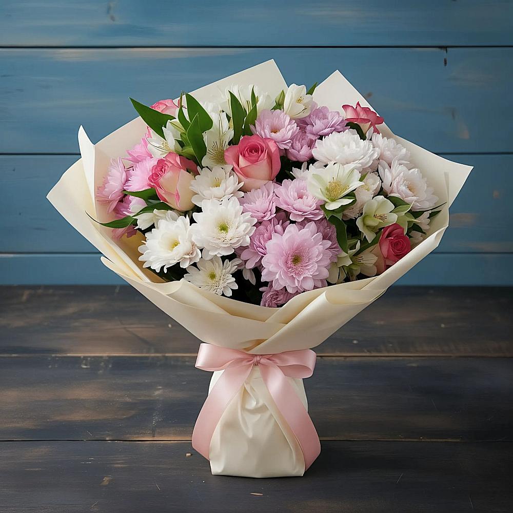 Букет цветов из: Хризантемы, Альстромерии и Розы в Ирклиевская